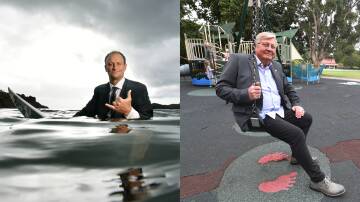 Shellharbour and Kiama mayors Chris Homer and Neil Reilly are calling for people to vote for their towns in a state tourism award. Pictures by Sylvia Liber and Robert Peet