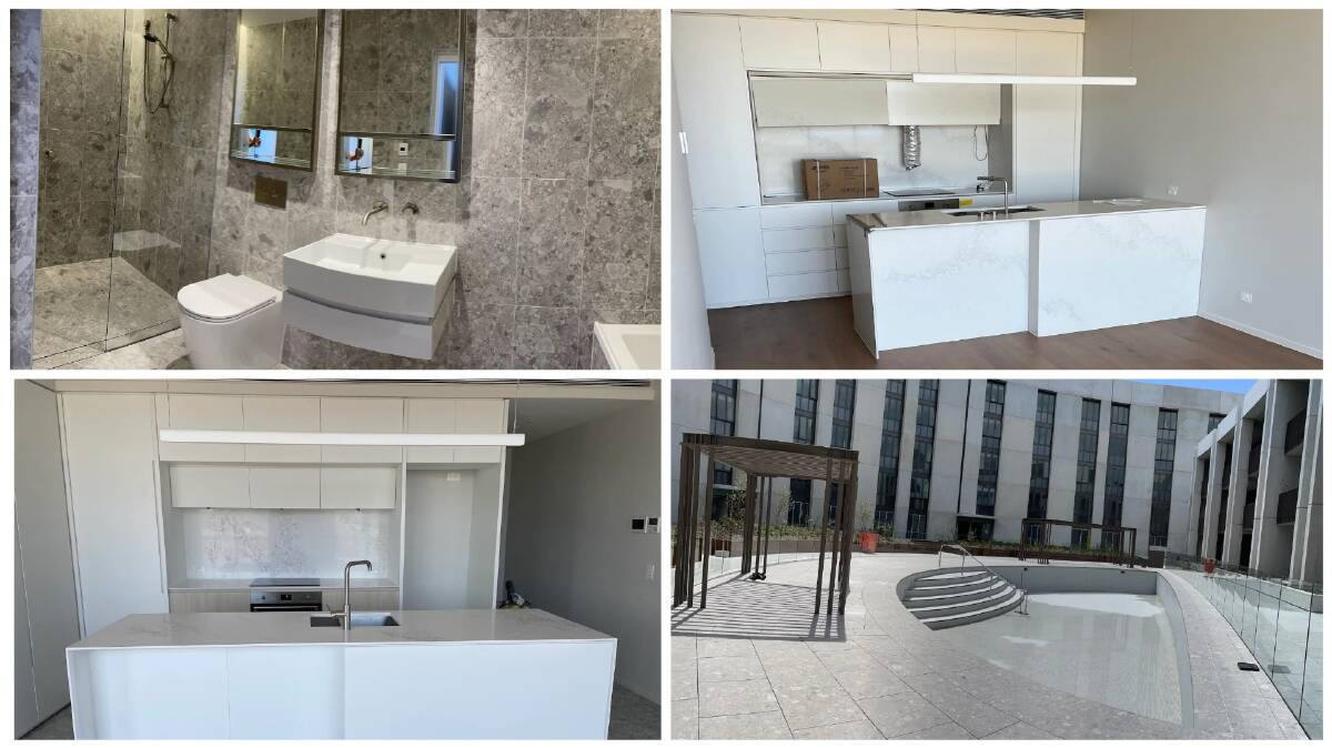 The interiors and shared spaces at the Nautilus complex in Shell Cove. Clockwise from top left: Building A bathroom, building A kitchen, shared pool area, building B kitchen. Pictures supplied