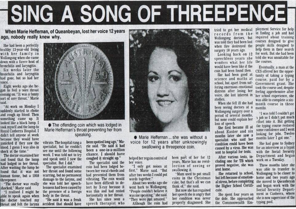 Headline news: Marie's story made headlines across the nation in 1984 - including reports in the Illawarra Mercury - after the coin finally became dislodged.