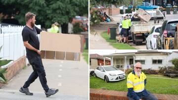 (clockwise from left) Joel Beavis clearing flood-soaked items out of this Figtree home, council workers clearing items off the street and Jeff Jorden with his wife's flood-ruined car. Pictures by Adam McLean