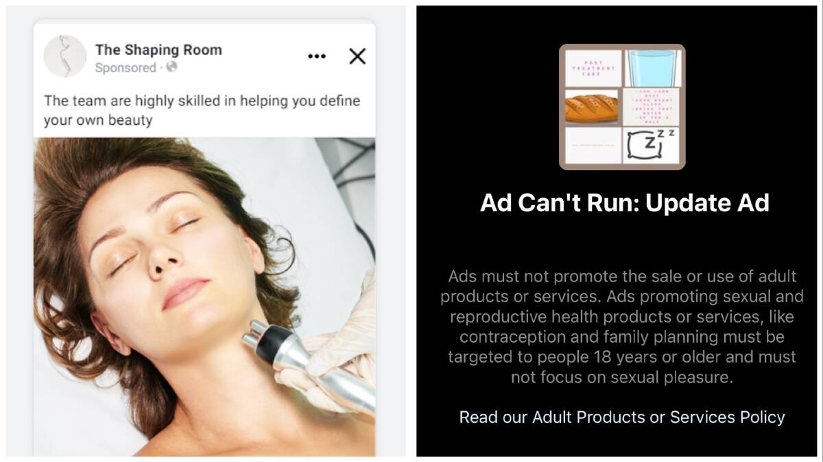 An example of the ads from The Shaping Room blocked by Meta and Facebook's response. Pictures supplied