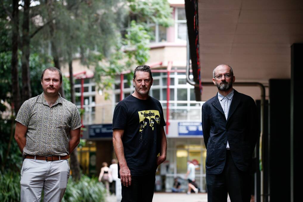 Pandemic leave: UOW NTEU members (from left) Jonny Mackay, Paul Jones, and Andrew Whelan are calling for COVID leave for casual staff. Picture: Anna Warr