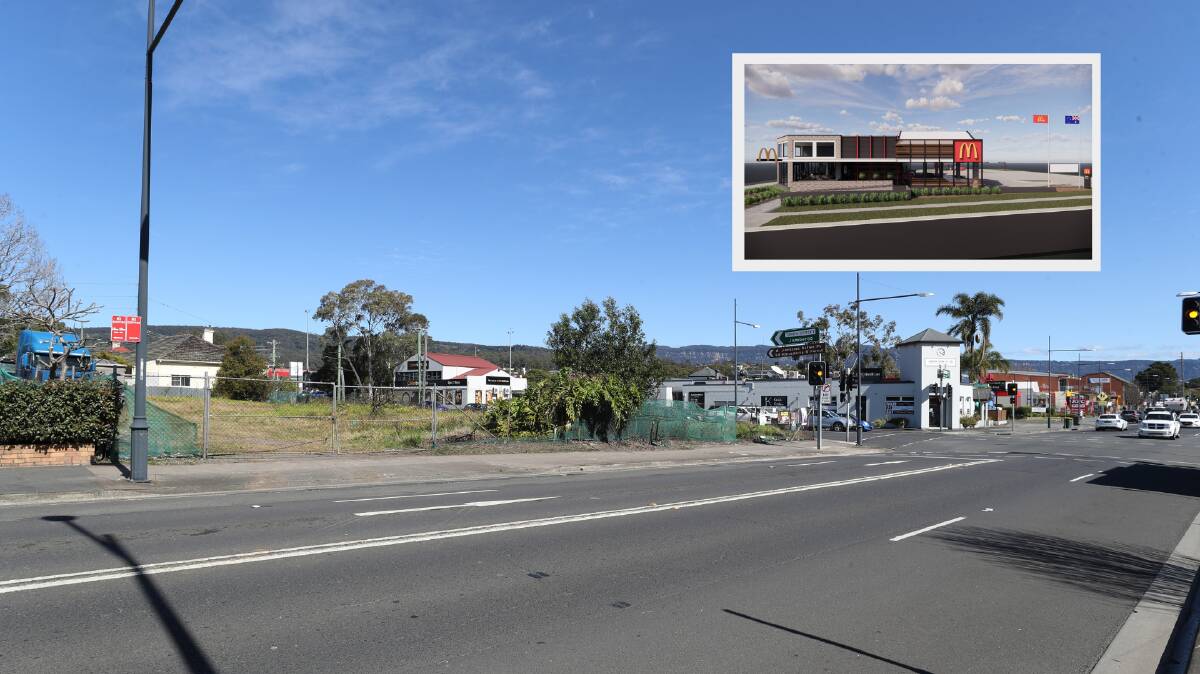 Coming soon: The site of the Albion Park McDonald's and an artist's impression of the restaurant, inset. Main picture: Robert Peet