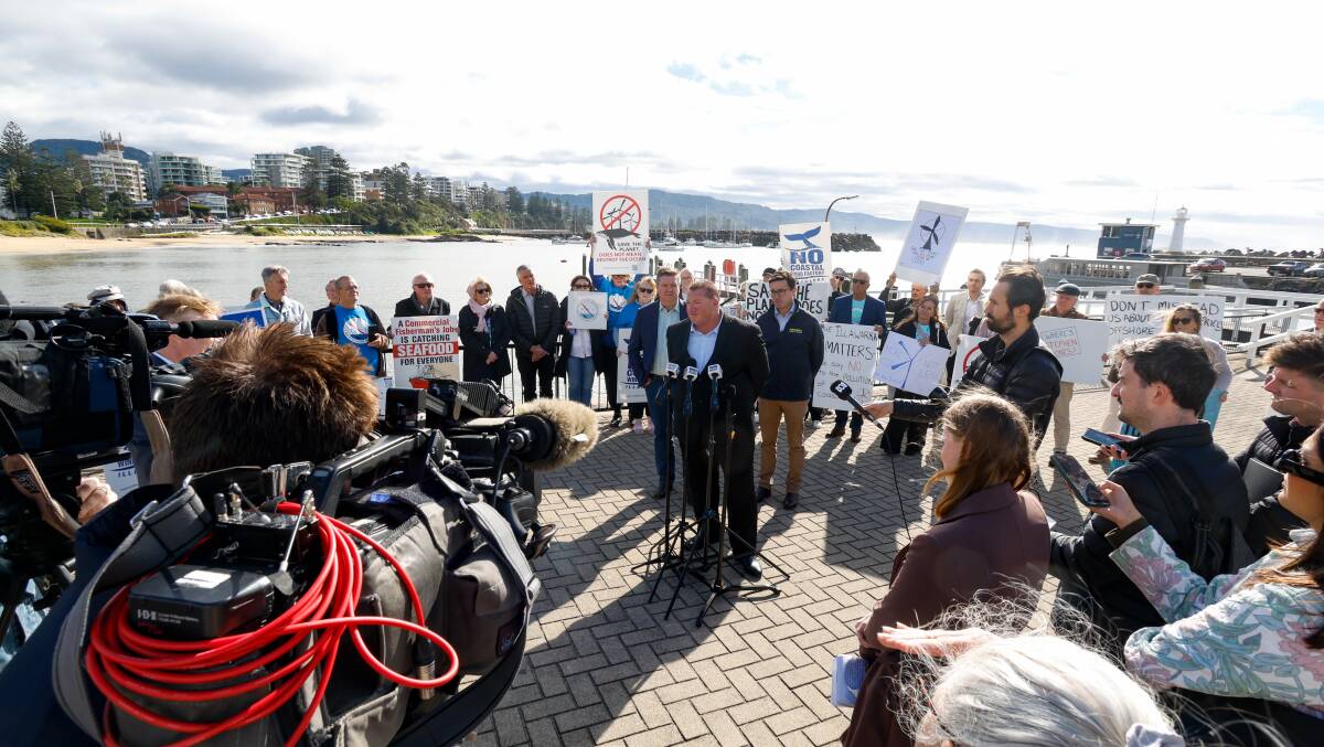 Lobster fisherman Mark Horne speaks at a press conference with Nationals leader David Littleproud in Wollongong on Monday, June 18. Picture by Anna Warr