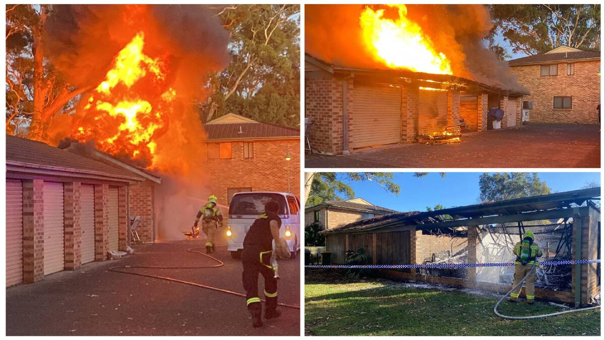 The fire destroyed three garages with two more affected. Pictures by Kylie Ward