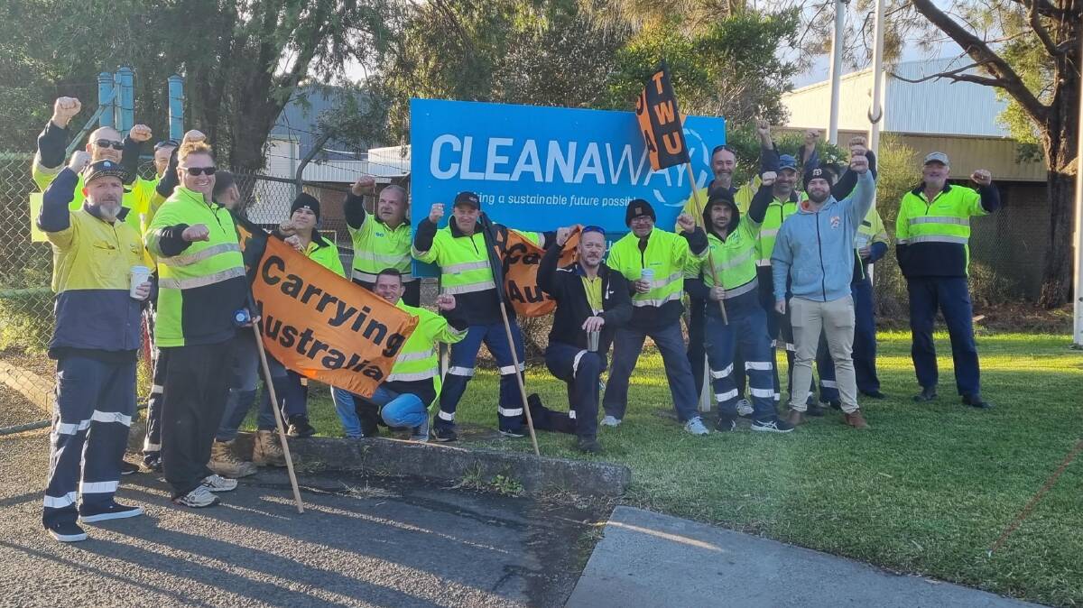 Cleanaway workers on strike outside the Unanderra yard on Wednesday. Picture supplied