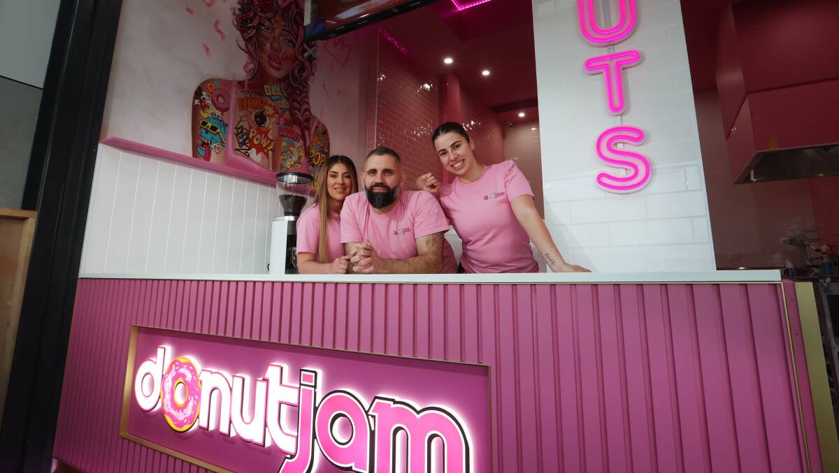 Donut Jam is about to open in Shell Cove. L-R Kerri Rodrigues, Volkan Guden and Charlize Rodrigues-Sa. Picture by Sylvia Liber