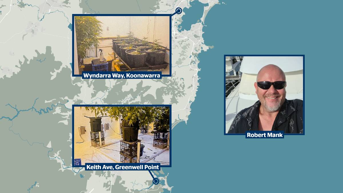 Robert Mank used multiple addresses in the Shoalhaven and the Illawarra as clandestine cannabis farms. Pictures supplied, graphic by ACM