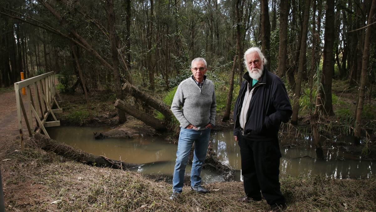 Ralph Stadus (left) and Howard Jones at Rocklow Creek, where discharge from the Boral sandmine enters the Minnamurra River. Picture by Sylvia Liber