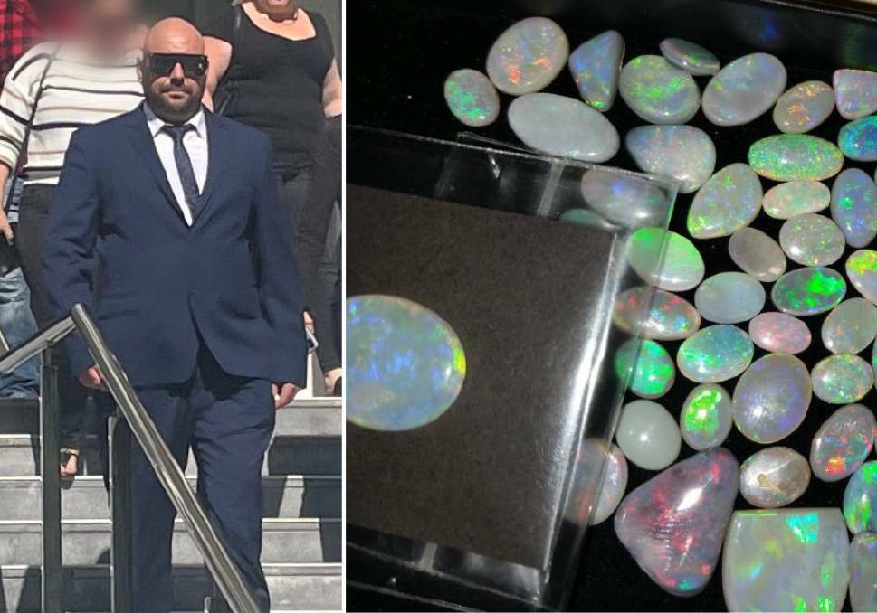 David Kominkovski leaving Wollongong courthouse earlier this year, with some of the opals seized. Pictures by ACM and NSWPF