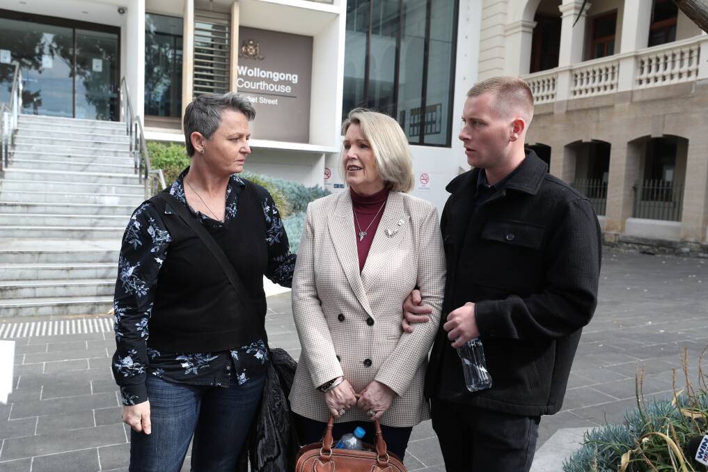 Libby Ruge's mothers Jules Harrison and Julie Ruge with her boyfriend Luke Day at Wollongong District Court on Tuesday. Picture by Robert Peet.