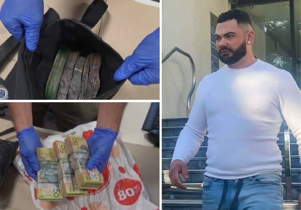 Abdulkerim Alpertunga leaving Wollongong courthouse in June last year (right), with the cash seized from the Berkeley storage unit he rented with his cousin. Pictures from NSWPF, ACM