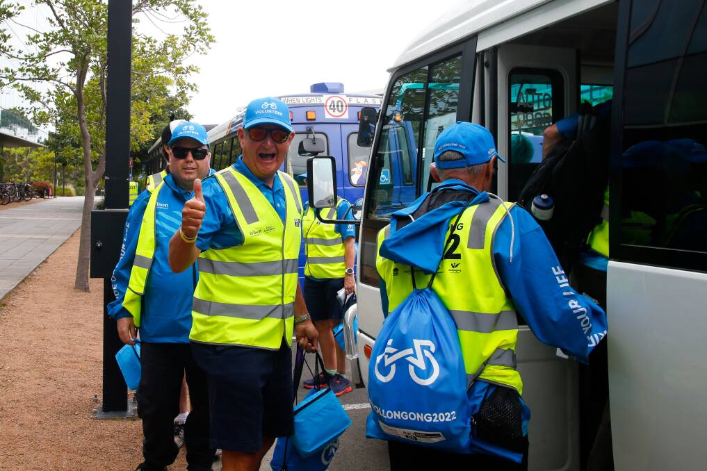 UCI volunteers boarding their bus before Wednesday's mixed relay. Picture by Anna Warr.