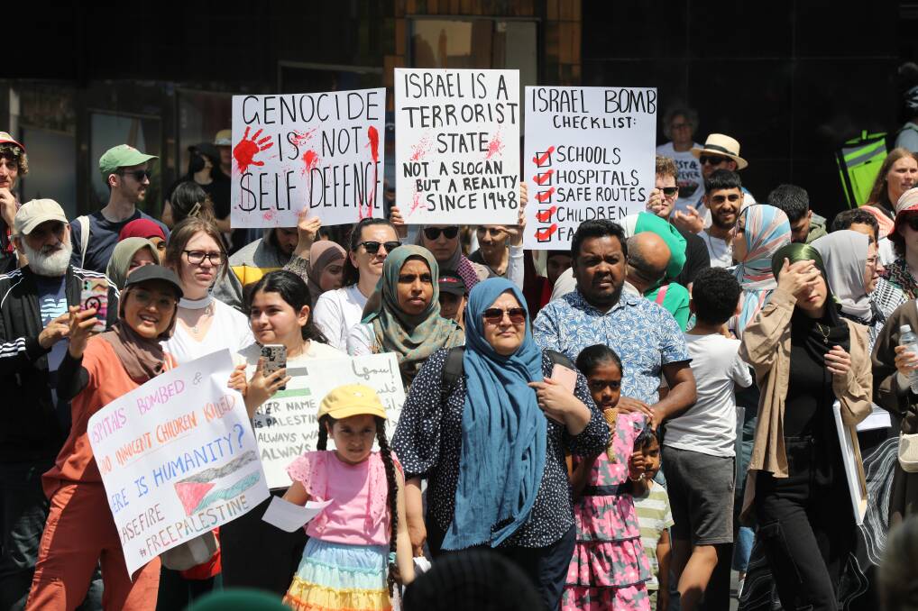 The crowd holding placards at the Wollongong 'Free Palestine' rally on October 21.