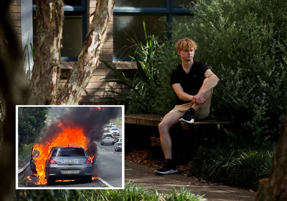 Wesley Richardson escaped unscathed when his friend's car erupted in flames 15 minutes after they set off for a holiday. Picture by Sylvia Liber, inset supplied.