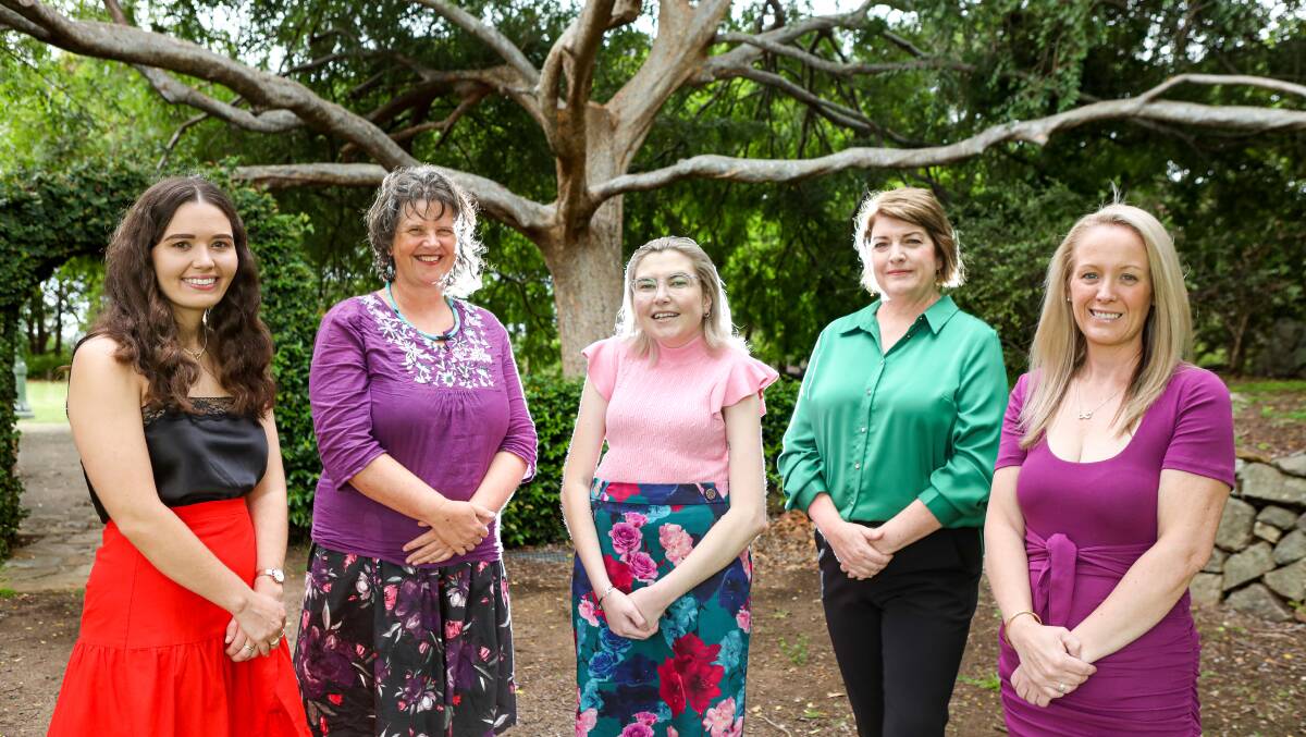 Inspiring women: IWD Scholarship winners (L-R) Chelsea Penney, Ann Lehman-Kuit, Megan Neil, Jo-Anne Gray and Rebecca Moulds at the Conservatorium of Music. Picture: Adam McLean