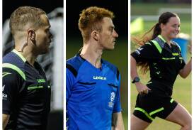 Football South Coast based referees Hayden Michlmayr (left), Brodie Merchant, and Charlotte Flynn will officiate at the National Youth Boys Championships in Wollongong. Pictures by Football NSW