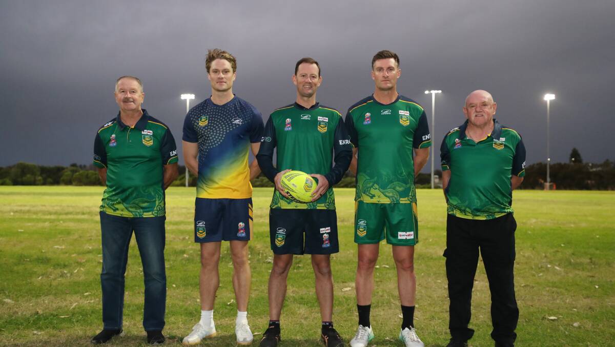 Michael McGrath (left) 35 men's manager, players Toby-James Krusec, Tim Robinson and Matthew Tope and Larry Kent 55 men's manager will head over to Nottingham in the UK for the 2024 Touch Football World Cup. Picture by Robert Peet
