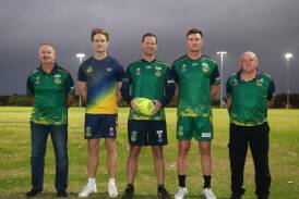 Michael McGrath (left) 35 men's manager, players Toby-James Krusec, Tim Robinson and Matthew Tope and Larry Kent 55 men's manager will head over to Nottingham in the UK for the 2024 Touch Football World Cup. Picture by Robert Peet