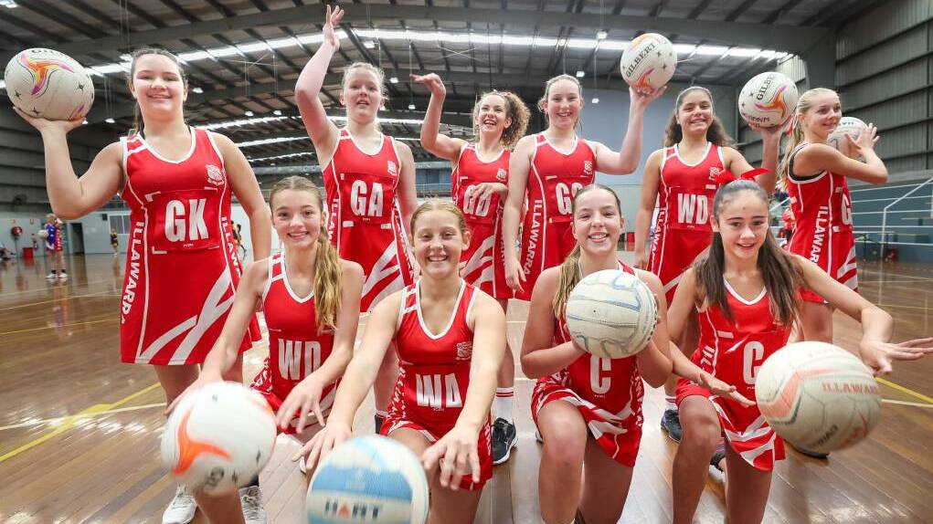 Illawarra 12 years netball rep squad are history-makers. They are, pictured back from left, Olivia Borg, Darcie Wise, Miki Kerr, Savannah Wiki, Indy Bradley, London Campbell; and front from left, Rosie Durrant, Indi Atkins, Amelia Rutledge and Teyah Michalowski. Picture by Adam McLean