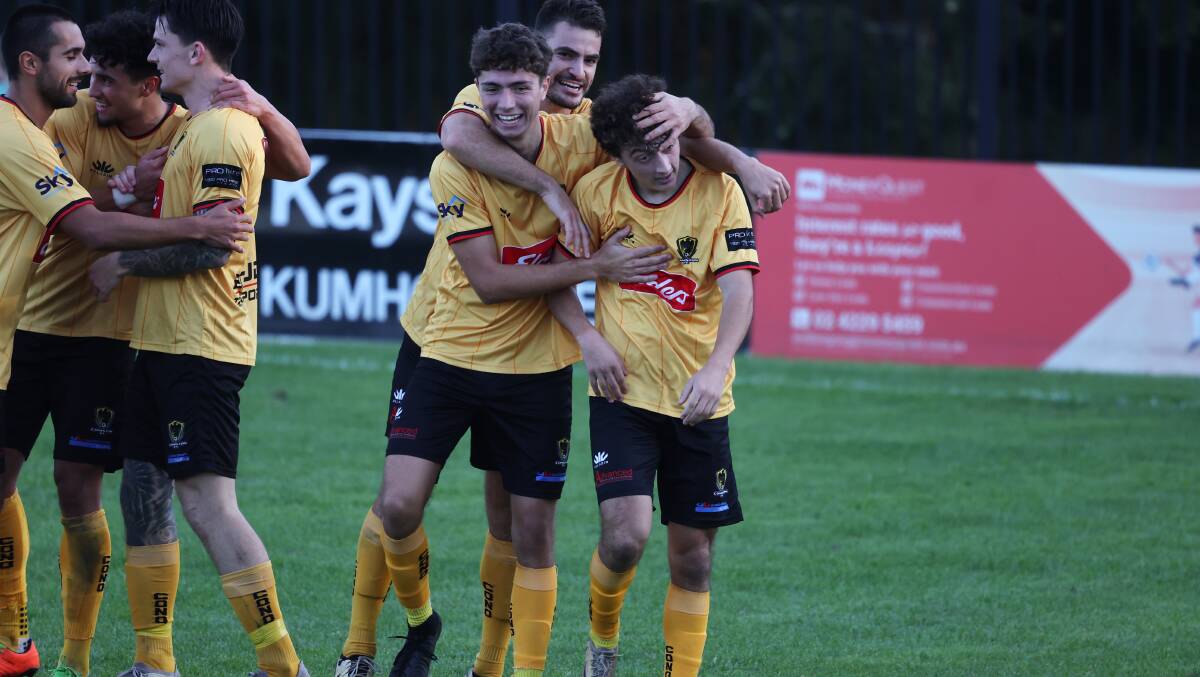 James Anagnostopoulos celebrates scoring in Coniston's 1-0 win against Illawarra Premier League title rivals Albion Park at Terry Reserve. Picture by Robert Peet