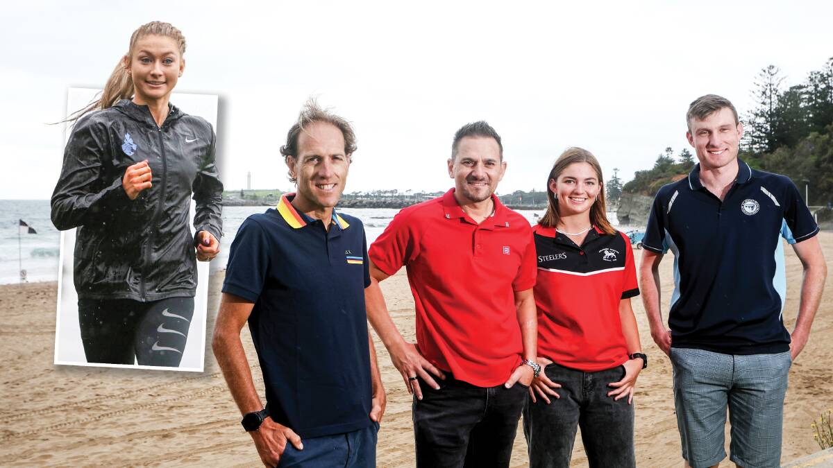 Jessica Hull (inset) has been named ambassador for the Wollongong Aquathon along with Lauren Myers (second from right) and Nathan Breen (right). Picture by Sylvia Liber