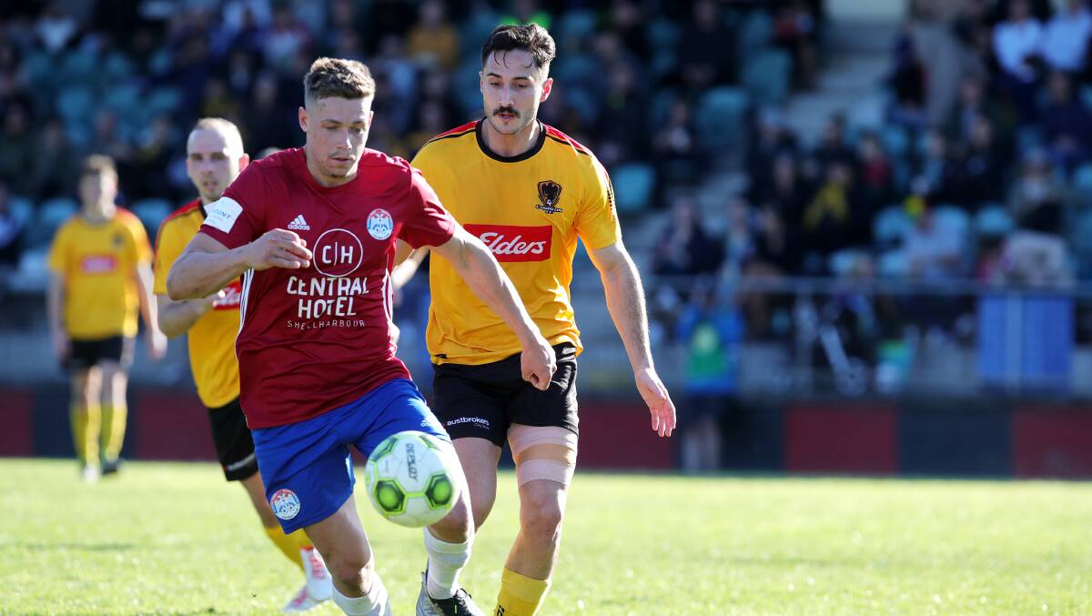 Albion Park's Liam Wille and Coniston's Jake Morlando during the 2023 preliminary final, which Coniston won 1-0. Picture by Sylvia Liber