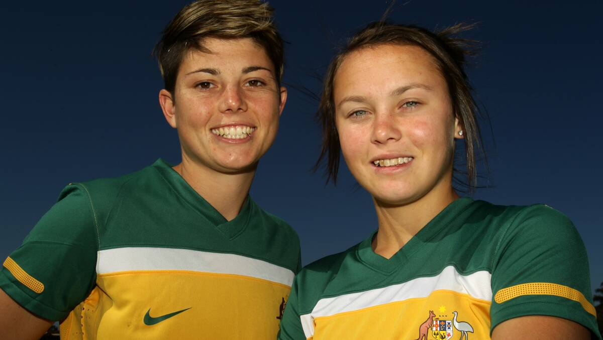 Michelle Heyman (left) and Caitlin Foord. Two former Illawarra Stingrays in national team colours back in 2011. 13 years later they will again be Matildas teammates for the upcoming Paris 2024 Olympic qualifiers. Picture by Greg Totman