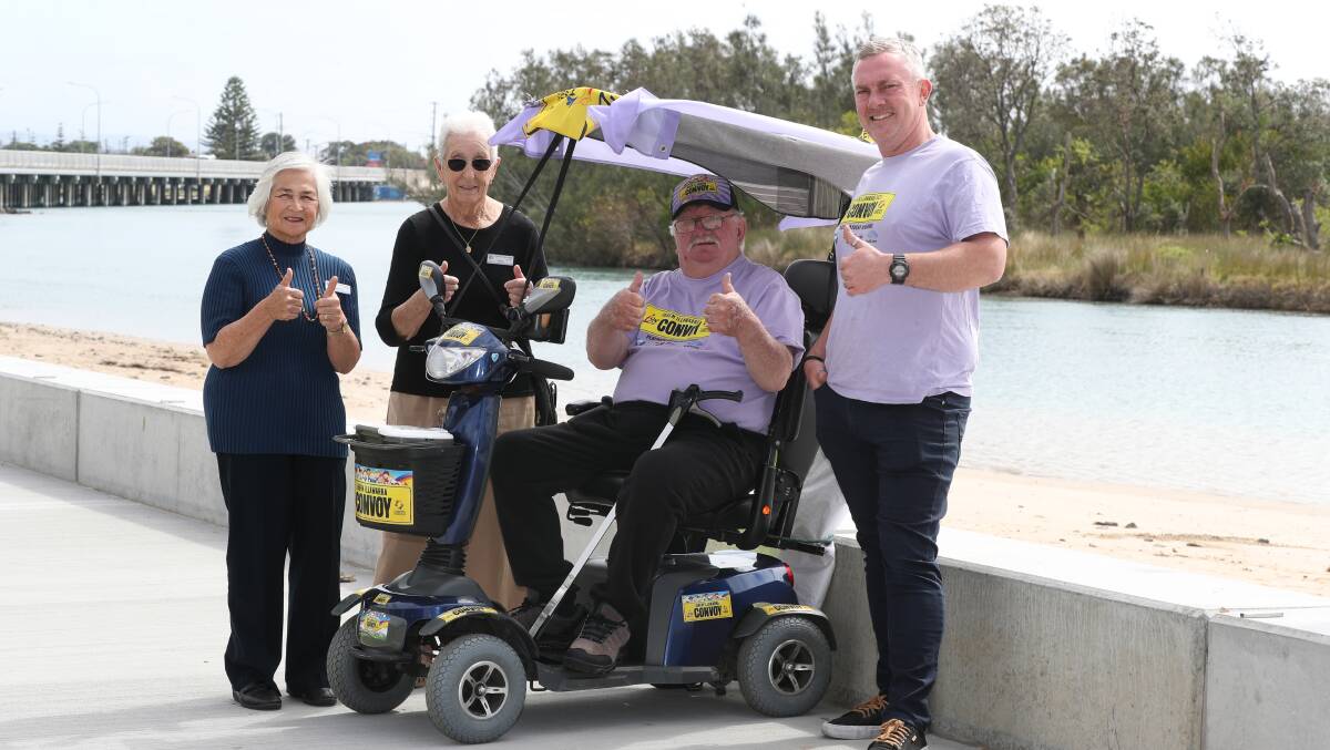 Henriette Witcombe and Anna Leschnik from St Vincent de Paul All Saints Conference Shellharbour City with Scooter Dave and Mark Rigby from Convoy. Picture by Robert Peet