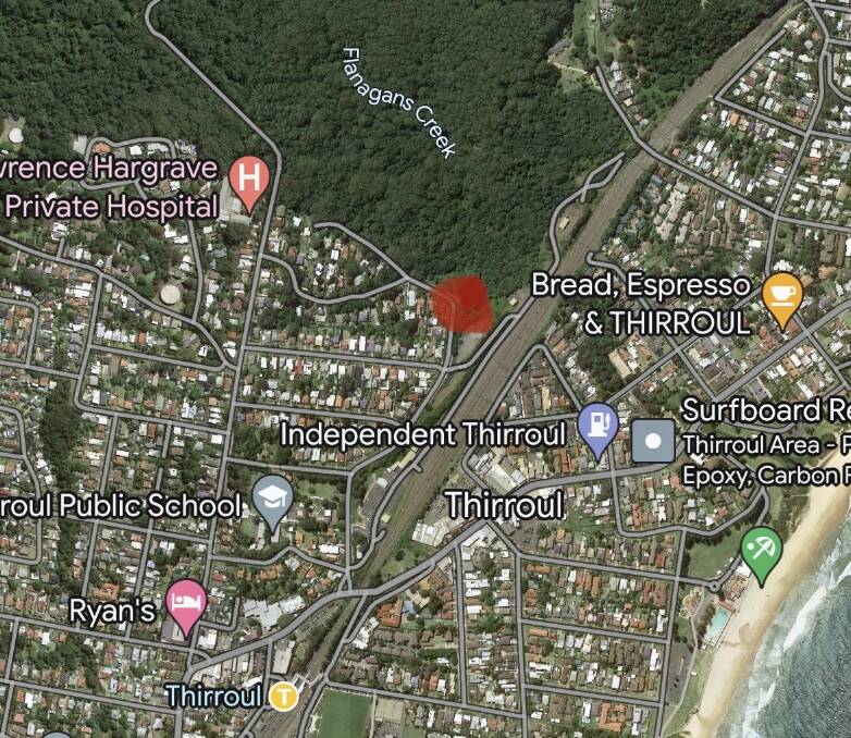 A Google map of Thirroul showing where the penguin was found with a red dot at Sea Foam Ave. Picture by Google Maps 