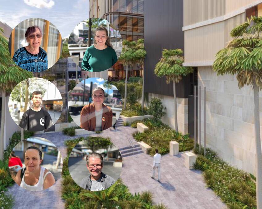 Inset photo (bottom left, clockwise): Shanay Howie, Benjamin Harrison, Christine Mann, Sally Corrigan, Cara Hickey, and John Bolec. Background photo is the project proposal to renew and extend Globe Way and enliven eastern end of Globe Lane. Picture ADM Architects & Jackson Teece
