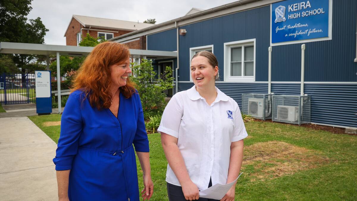Keira High School food technology teacher Kerryn Berry and Year 12 student Stephanie Milling outside the school after the food technology HSC exam on November 3, 2023. Picture by Wesley Lonergan