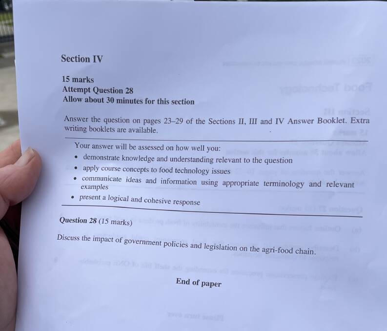 The last page of the 2023 HSC food technology exam paper. Picture by Marlene Even