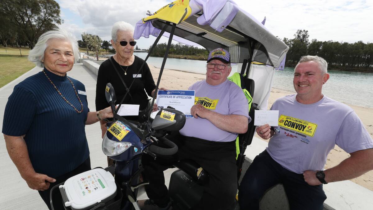 Henriette Witcombe and Anna Leschnik from St Vincent de Paul All Saints Conference Shellharbour City with Scooter Dave and Mark Rigby from Convoy. Picture by Robert Peet