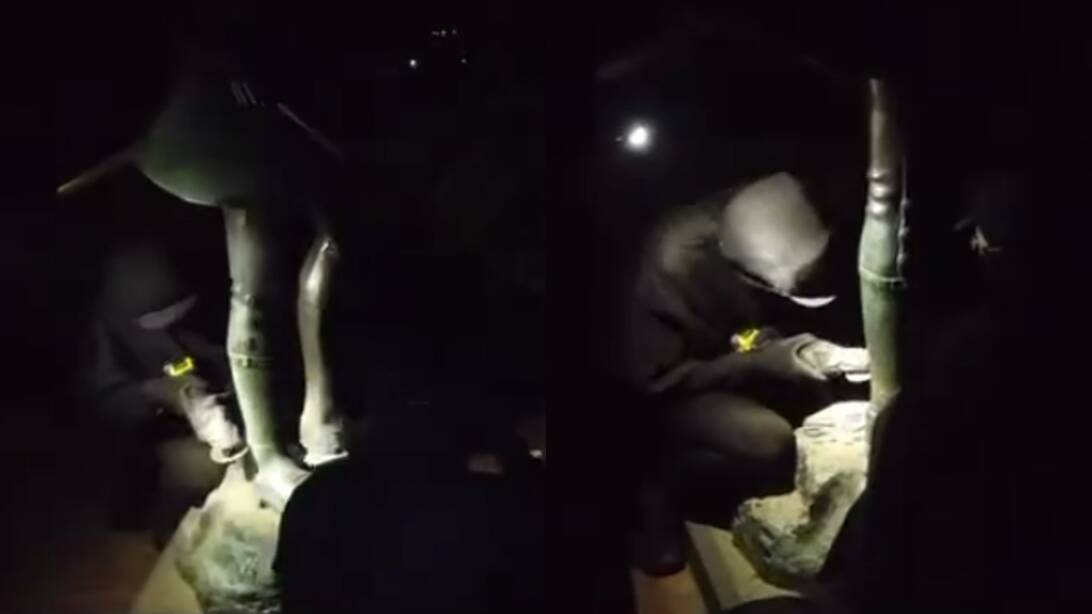 The video shows a grinder being used to down the statue in Fitzroy Gardens. Pictures via X/@akaWACA