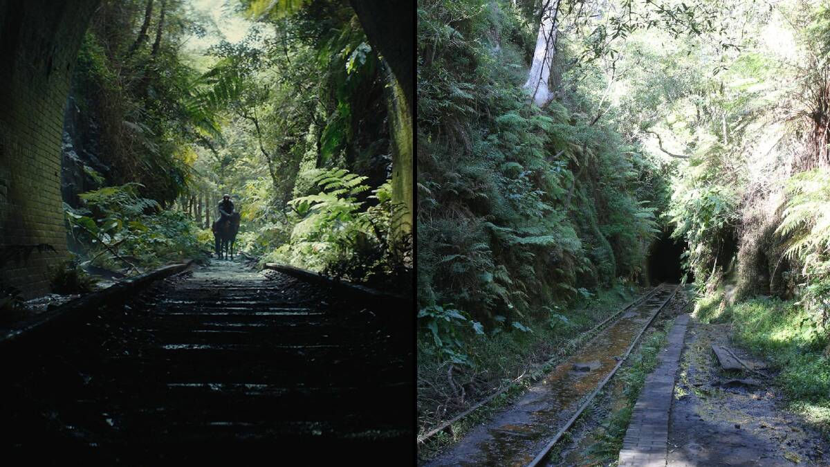 Left: Owen Teague as Noa in Kingdom of the Planet of the Apes looking towards a familiar tunnel. Right: Helensburgh tunnel. Picture on left supplied by 20th Century Pictures, Picture on right by Robert Peet