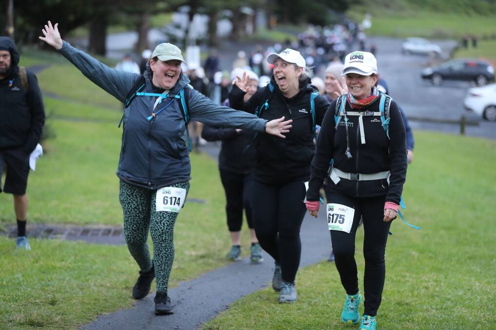 Brenda Rostron, Robyn Beattie and Joanne Bradshaw at Sharky Beach for the Bloody Long Walk. Picture by Robert Peet