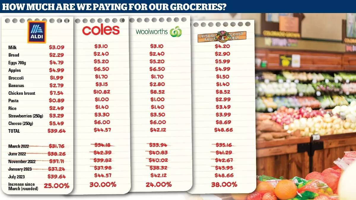 Price of groceries from July 2023 compared with the prices from March 2022. Picture by ACM