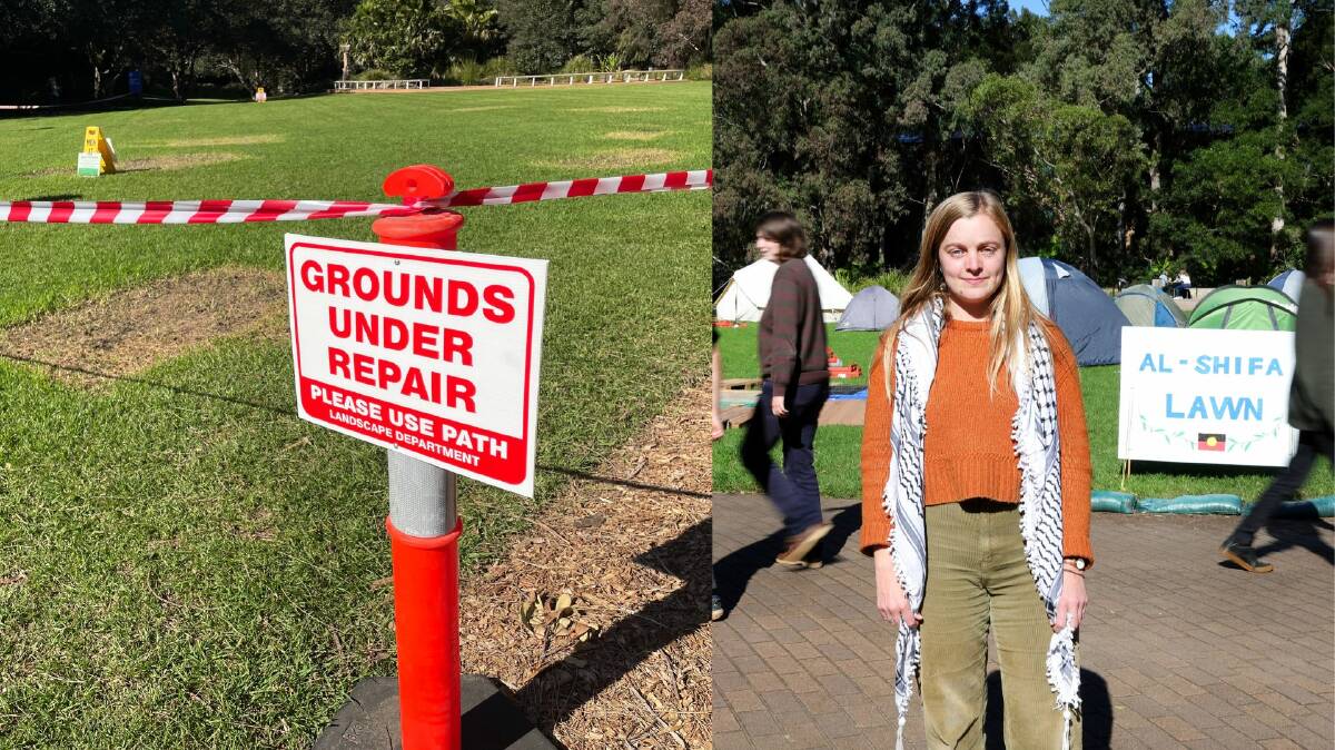Left: The McKinnon lawn has been sectioned off. Right: Megan Guy the encampment's organiser. Picture on left by Joel Ehsman, picture on right by Sylvia Liber