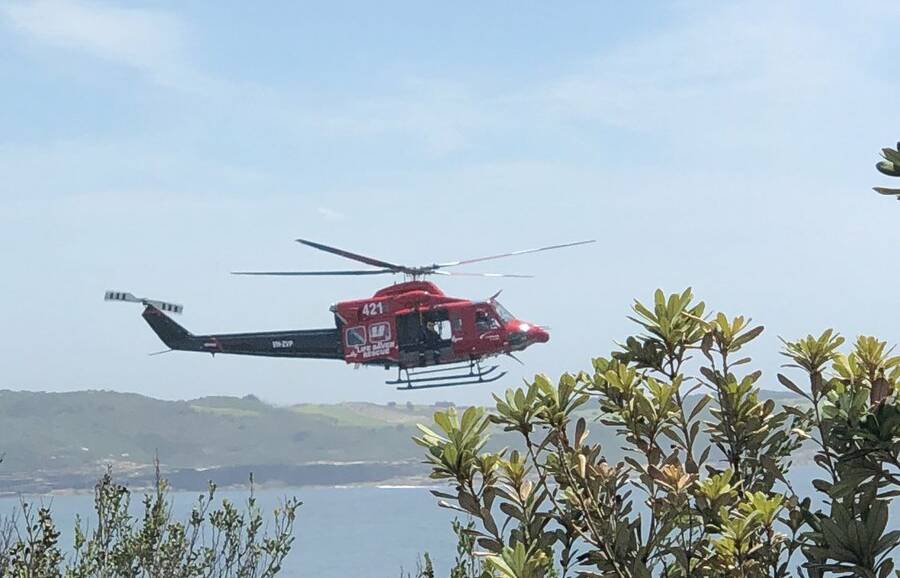 The Westpac Life Saver Rescue Helicopter at a major rescue operation in Kurnell after a boat overturned. Photo: Westpac Life Saver Rescue Helicopter