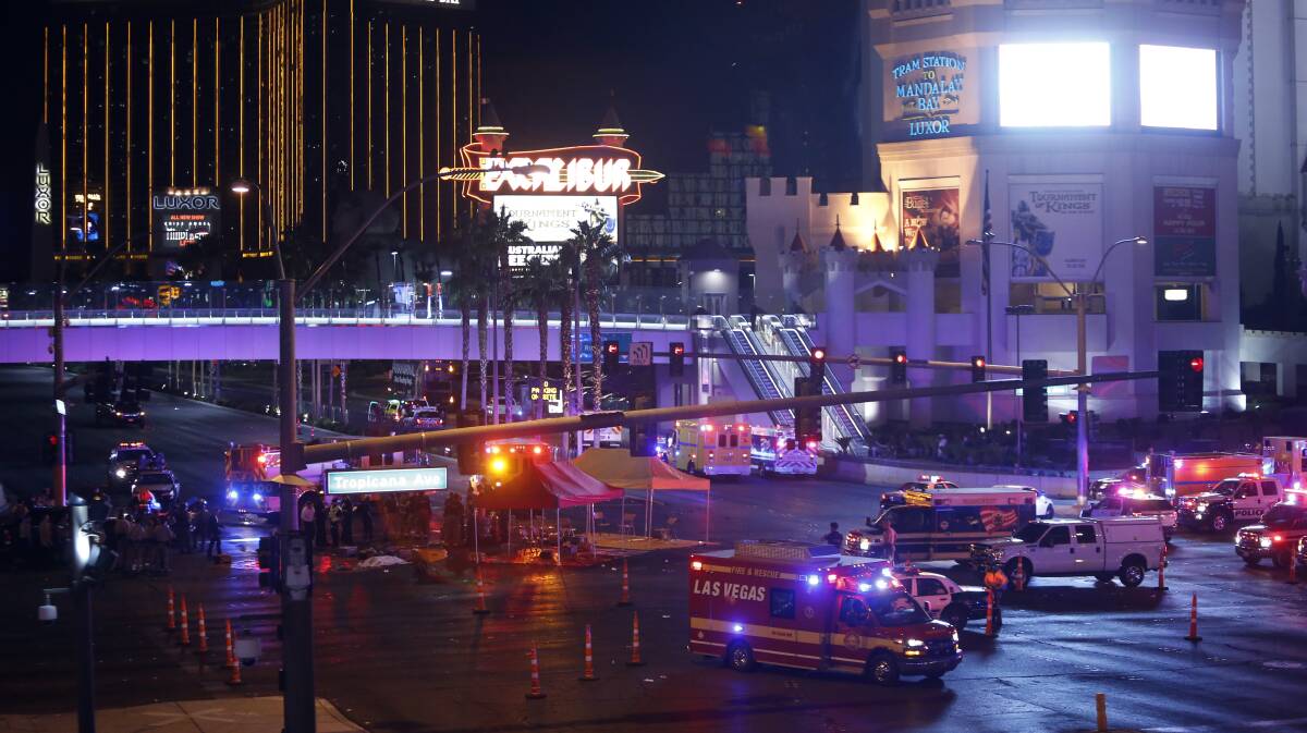 Las Vegas Metro Police and medical workers block off an intersection after a mass shooting at a music festival on the Las Vegas Strip. Picture: AP