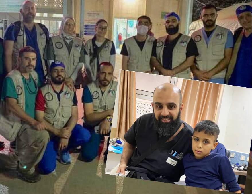 Dr Modher Albeiruti (third from right) in Gaza with colleagues and (inset) with a young patient. Pictures supplied 