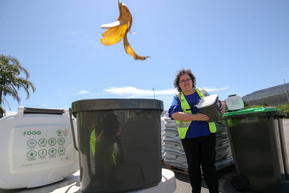 Wollongong Deputy Lord Mayor Tania Brown at the 2020 launch of the FOGO bin .... changes to rules about putting food packaging in the bins have caused confusion. Picture by Adam McLean