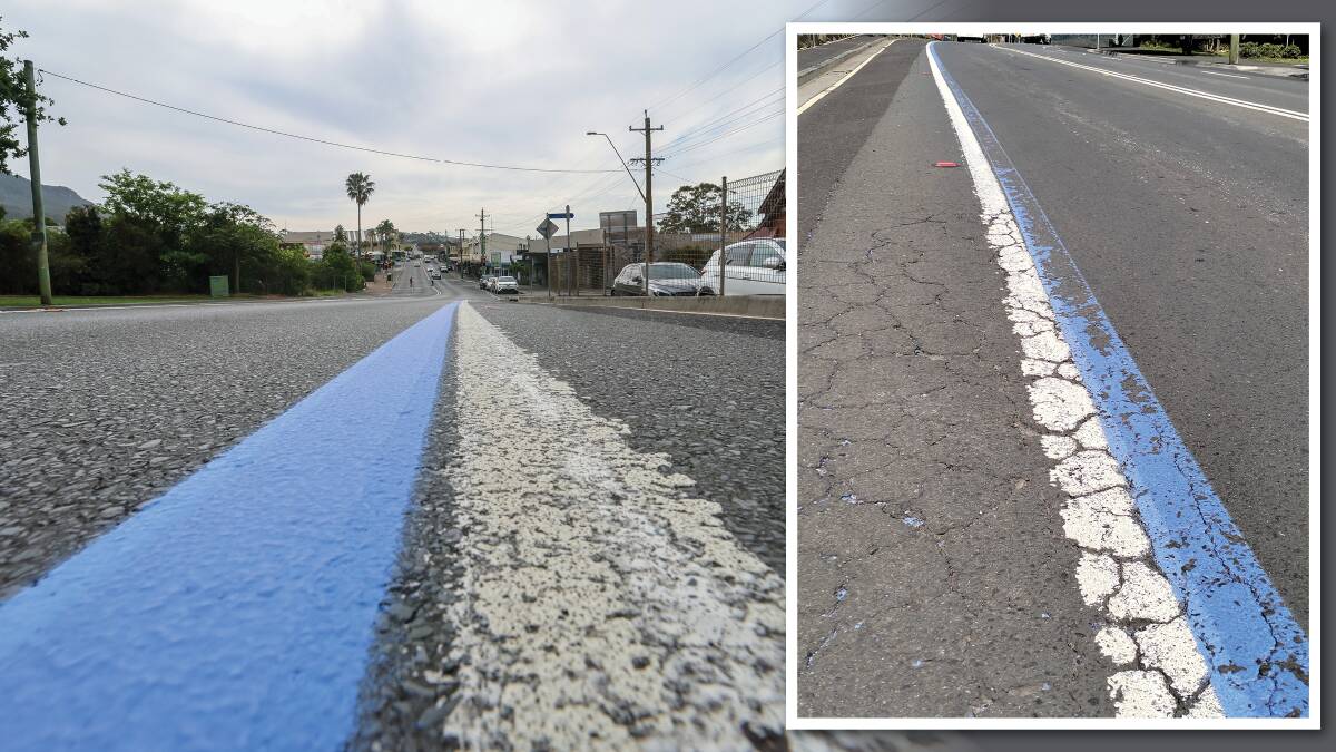 The blue line on the northern side of the Thirroul railway bridge as it looked on October 4 (left) and the same section just a week later shows it is already fading. Pictures by Adam McLean and Glen Humphries