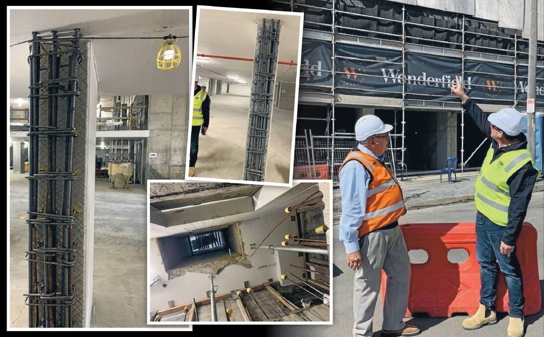 NSW Building Commissioner David Chandler (in orange vest) in Wollongong for one of several surprise inspection tours in the last nine months along with photos from inside some apartment complexes under construction. Supplied picture