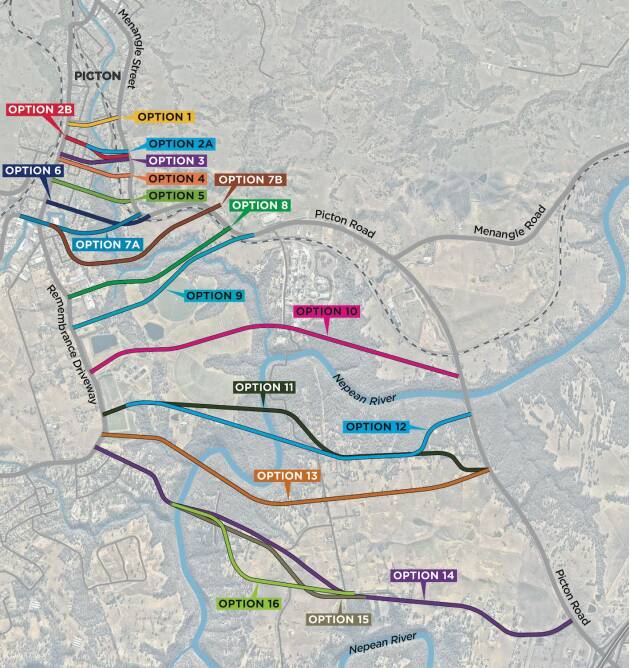An image from Transport for NSW's corridor options report showing the 18 potential routes for the Picton bypass that were considered.