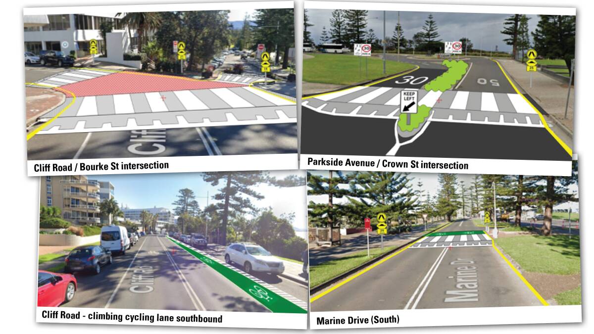 Artist's impressions of some of Wollongong City Council's proposed changes along Cliff Road and Marine Drive.
