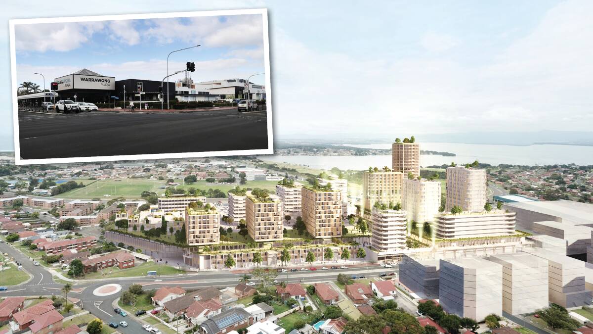 An artist's impression of what Warrawong Plaza (inset) could look like in 15 years' time. 