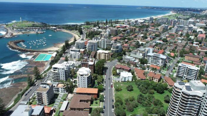 An aerial view of North Wollongong, with the proposed six-storey complex at the centre.
