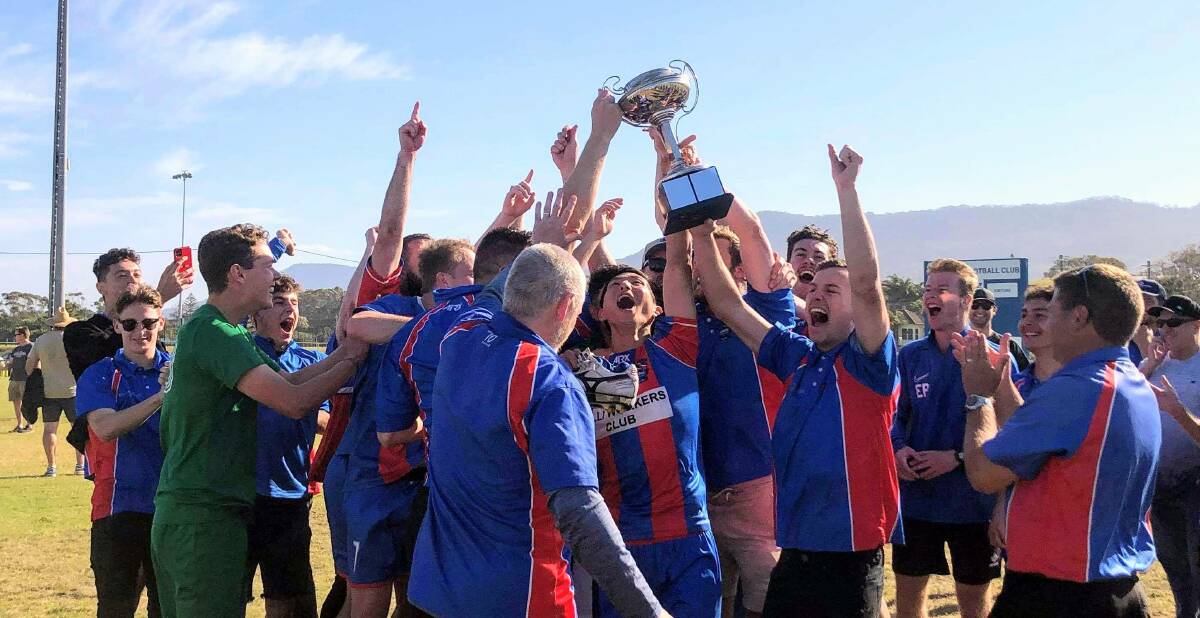 Sharks players raising the Illawarra Premier League title in 2020. Picture by Nic Wilson